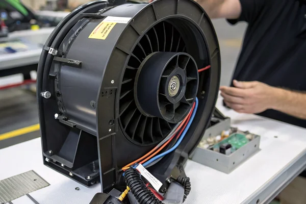 A DC blower fan module being fitted into a passenger vehicle HVAC assembly on a production line, showing the housing, wiring harness connector, and mounting bracket