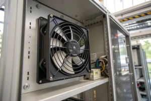 A dust-resistant DC axial fan mounted in the electronics enclosure of a CNC machine