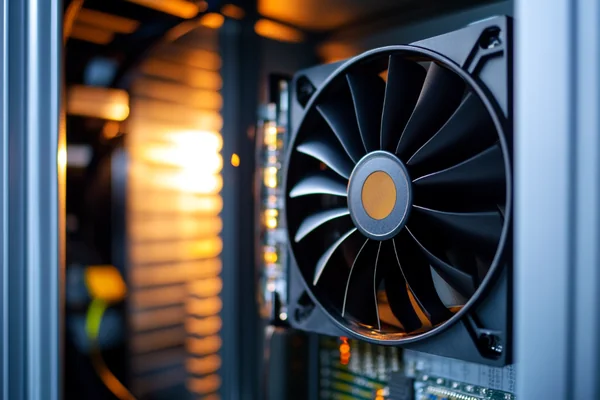 A metal-frame DC axial fan mounted inside a high-temperature industrial control cabinet