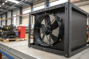 A metal-frame, vibration-resistant DC axial fan mounted in industrial welding equipment