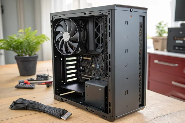 A mid-tower PC case with the side panel removed, showing a 140mm fan mounted in the rear exhaust position with visible airflow direction indicator on the fan frame