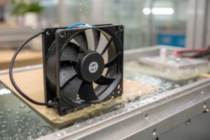 A moisture-resistant DC axial fan mounted near an aquarium chiller condenser