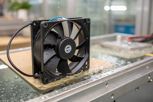 A moisture-resistant DC axial fan mounted near an aquarium chiller condenser
