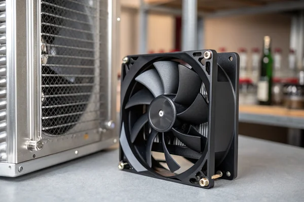 A moisture-resistant DC axial fan mounted near the condenser coil of a wine cooler