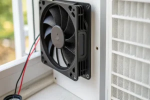 A quiet DC axial fan mounted inside a home air purifier next to a HEPA filter