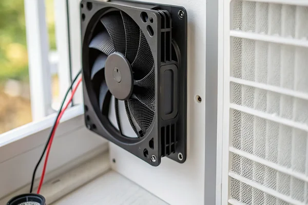 A quiet DC axial fan mounted inside a home air purifier next to a HEPA filter