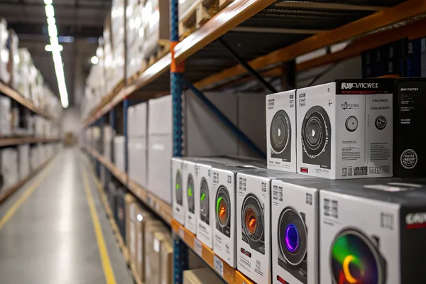 A row of RGB and non-RGB PC case fans in retail packaging boxes stacked on a warehouse shelf