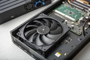 A slim, high-static-pressure DC axial fan mounted inside a gaming console chassis
