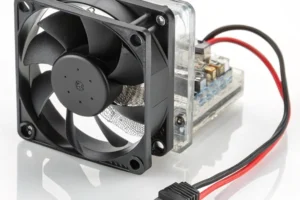 A small 5V DC axial fan mounted inside a compact smart home hub enclosure