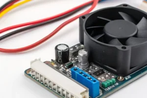 A standalone PWM fan speed controller module wired to a DC axial fan