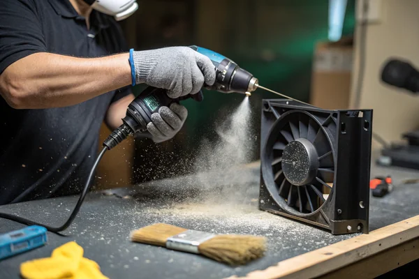 A technician cleaning dust from a DC axial fan using compressed air