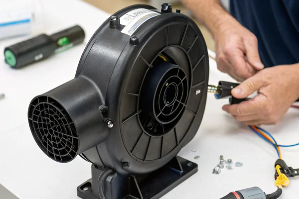 A technician handling a black IP65-rated DC blower fan on a workbench, with sealed cable exit and gasketed housing visible