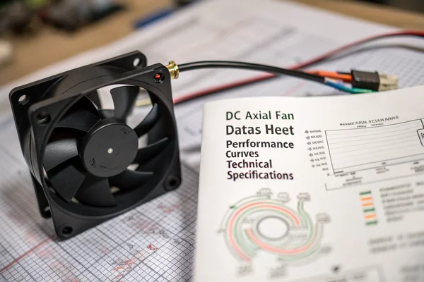 A technician reviewing a printed DC axial fan datasheet next to the physical fan on a workbench