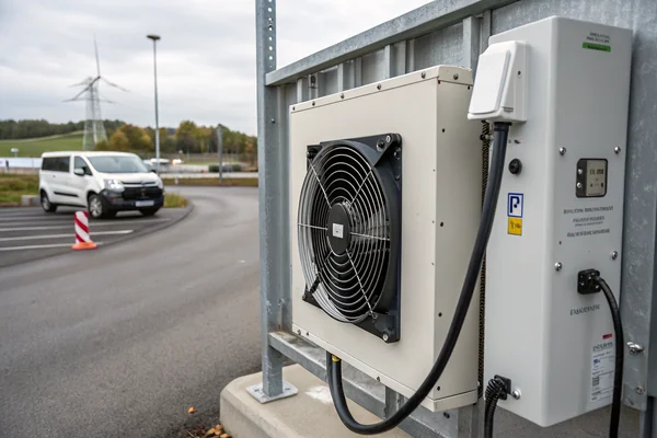 An IP-rated DC axial fan mounted in the ventilation housing of an outdoor EV charging station