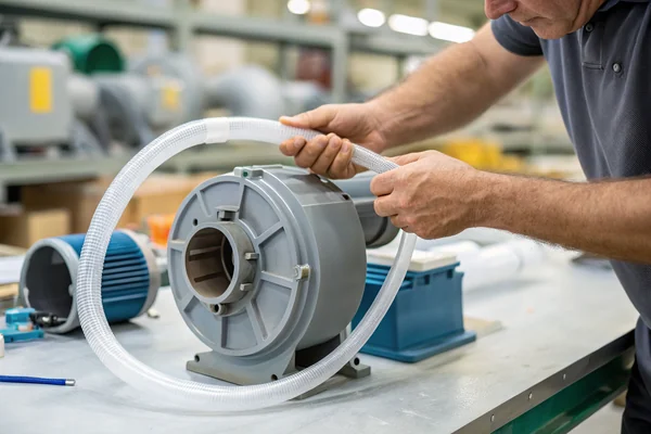 Close-up of a technician's hands connecting flexible plastic tubing to the outlet port of a gray centrifugal blower housing on a workbench