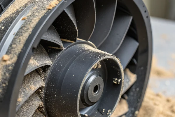 Close-up of a DC brushless blower impeller showing dust accumulation on blade surfaces after extended operation without inlet filtration