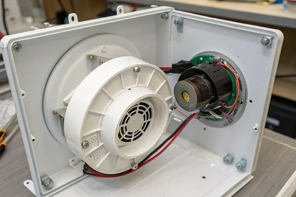 Compact DC brushless blower fan installed inside a white medical device enclosure, with visible ducting connecting blower exhaust port to a HEPA filter housing
