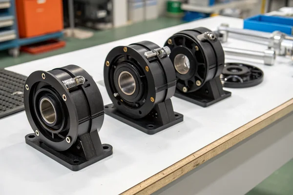 Comparison of sleeve bearing, ball bearing, and fluid dynamic bearing housings placed side by side on a white workbench with a caliper measuring each one