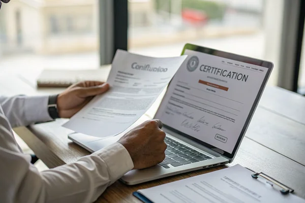 Technician cross-referencing a printed certification document against a database search on a laptop screen at an office desk