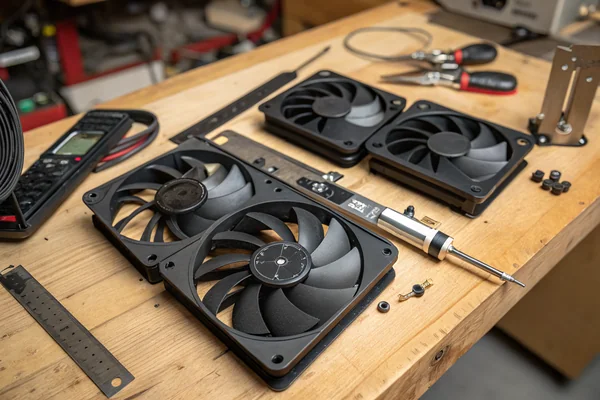 DC axial case fans of different sizes arranged on a workshop table next to calipers and mounting hardware