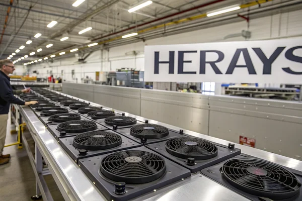 Rows of black DC axial cooling fans arranged on an inspection table in a manufacturing facility, showing motor hub labels and blade geometry