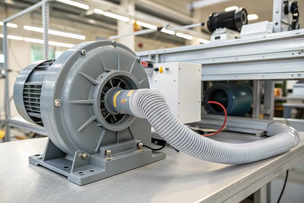 DC brushless blower fan with gray plastic housing mounted inside an air cushion packaging machine, tubing connected to the inflation station