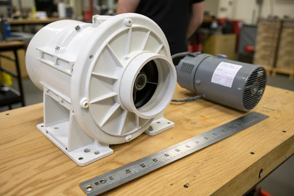 DC blower fan volute housing and discharge port visible from the side, sitting on a workbench next to a ruler showing scale