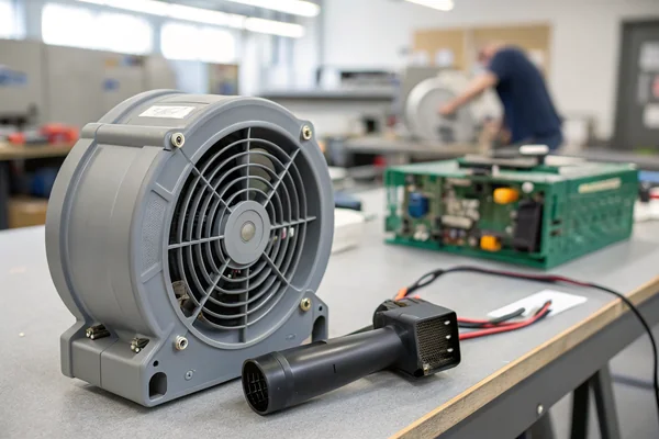 DC brushless blower with gray plastic housing mounted inside an open hot air rework station chassis, heating element and nozzle assembly visible nearby