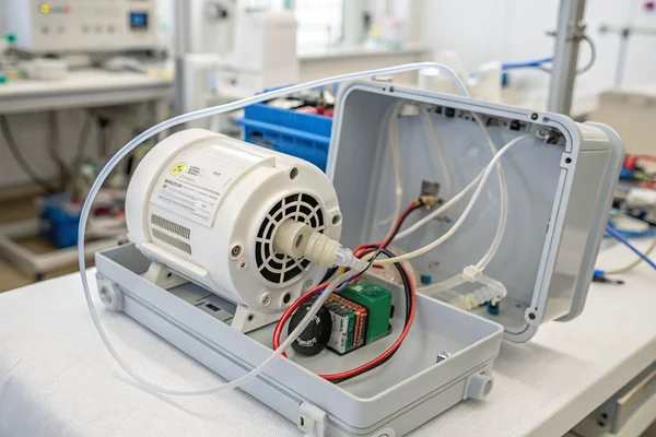 DC brushless blower with compact housing mounted inside an open medical ventilator device chassis, tubing and sensor wiring visible