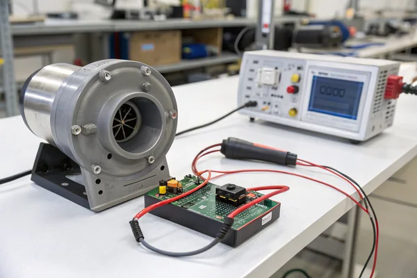 DC brushless blower connected to a PWM controller on a test bench, with oscilloscope probes measuring the control signal