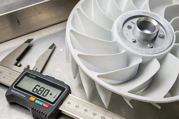 DC brushless blower fan impeller with forward-curved plastic blades visible through open intake, sitting on a stainless workbench next to a digital caliper