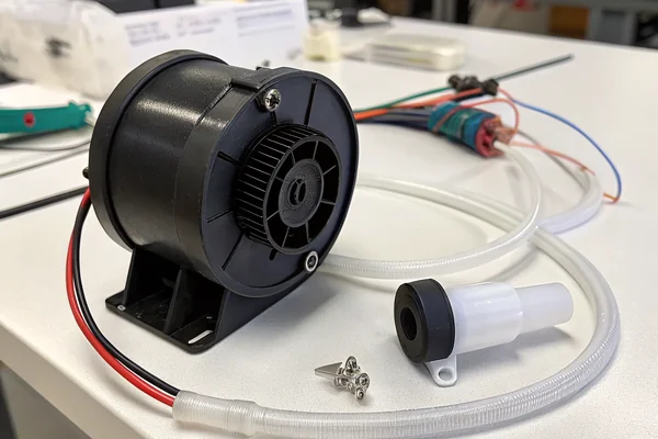 DC high-speed vortex blower fan impeller with small cylindrical housing sitting on an electronics workbench next to CPAP tubing components