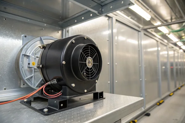 DC high-speed vortex blower fan mounted inside an IP-rated industrial enclosure, showing sealed housing and cable entry points