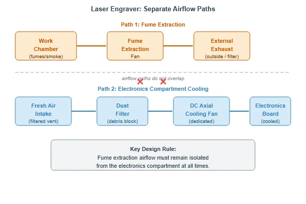 Diagram showing separate airflow paths for fume extraction versus electronics compartment cooling inside a laser engraver
