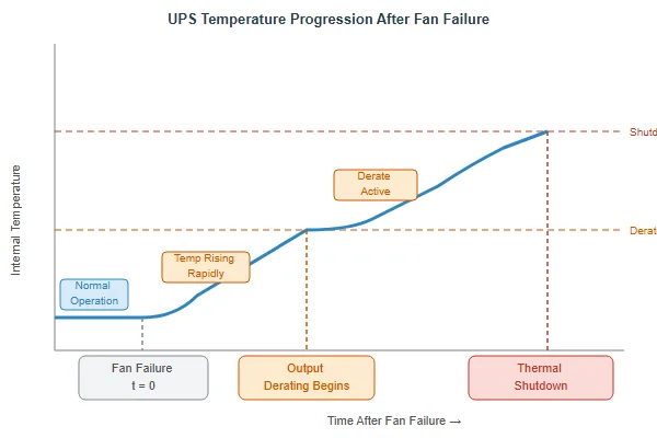 Diagram showing UPS internal temperature rising over time after cooling fan failure, leading to output derating then thermal shutdown