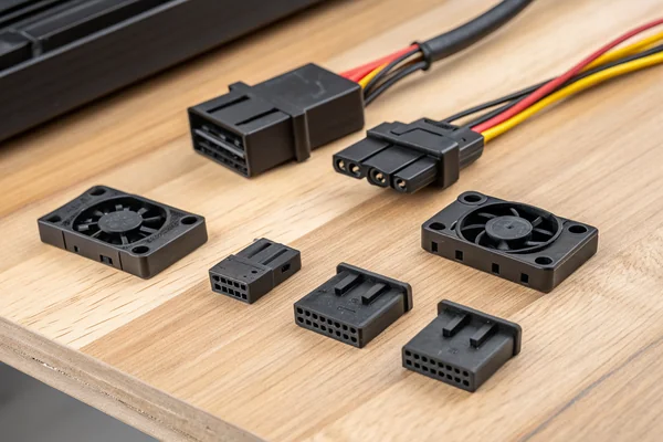 Assortment of black PC case fan cable connectors laid out on a workbench, showing 3-pin, 4-pin, Molex, and ARGB connector types side by side