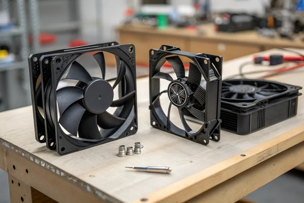 Fan mounting comparison showing a square 120mm case fan frame next to a CPU heatsink fan bracket on a workbench, both black plastic frames side by side