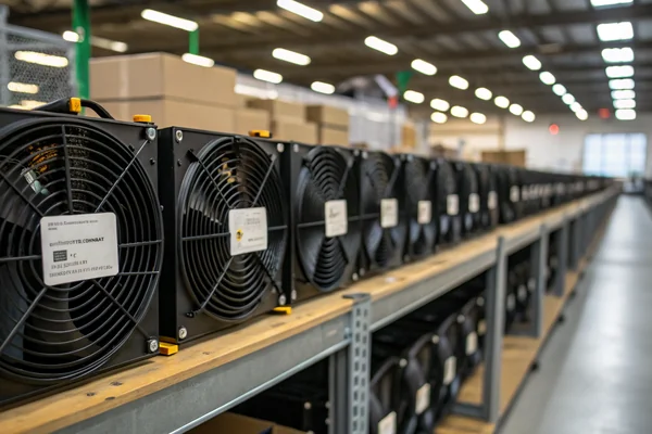 Rows of DC cooling fans on a factory shelf each tagged with a small compliance documentation card for shipment