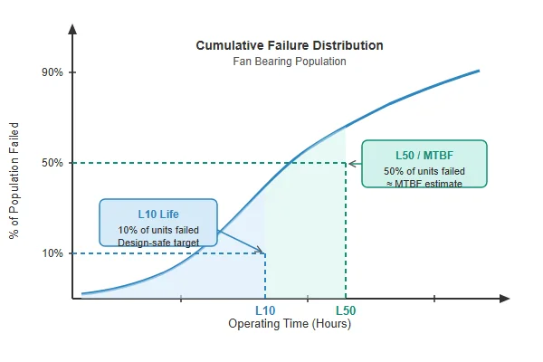 Graph showing L10 versus L50 failure distribution curve for a fan bearing population