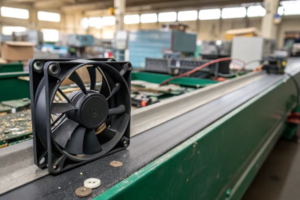 Photo of a DC axial fan being processed at an electronic waste recycling facility