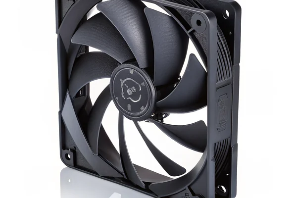 Close-up product photography of a premium-looking black and tan PC case fan with distinctive blade design on a white background