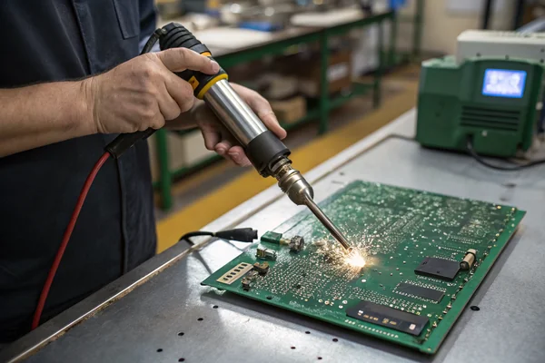 Technician's hands operating a hot air rework station handheld nozzle over a densely populated circuit board on a workbench