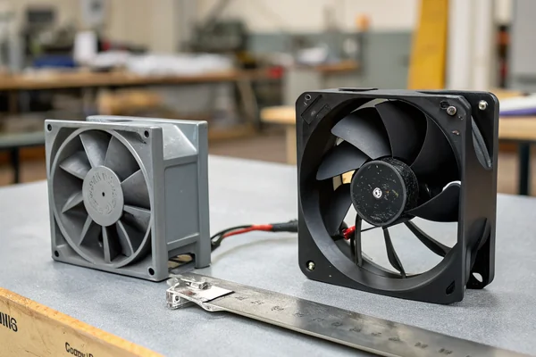 Side-by-side size comparison of a thin black DC axial fan and a boxy gray centrifugal blower fan placed next to a metal ruler on a workbench