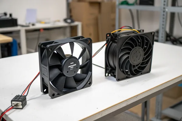 Side-by-side comparison of a standard catalog DC axial fan and a custom OEM fan with a modified frame shape and connector on a workbench