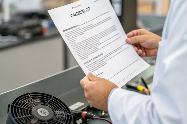 Technician reviewing a supplier quality documentation checklist next to a sample DC axial fan on an inspection desk