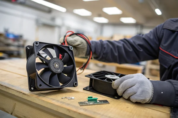 Technician holding a 120mm DC axial fan next to a DC high-speed vortex blower on a workbench, showing the size and shape difference between the two cooling components