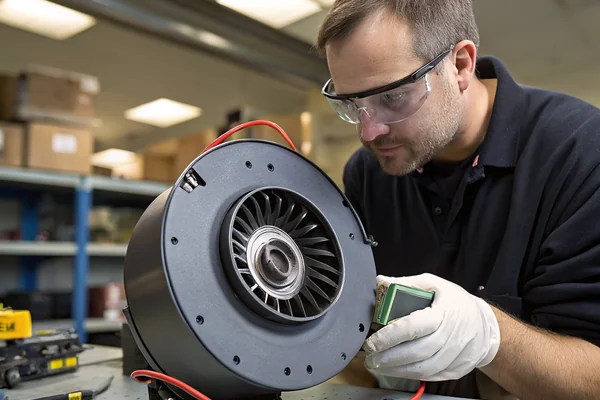 Technician holding a DC brushless blower fan module with visible scroll housing and wire leads, inspecting connector pins under bench lighting