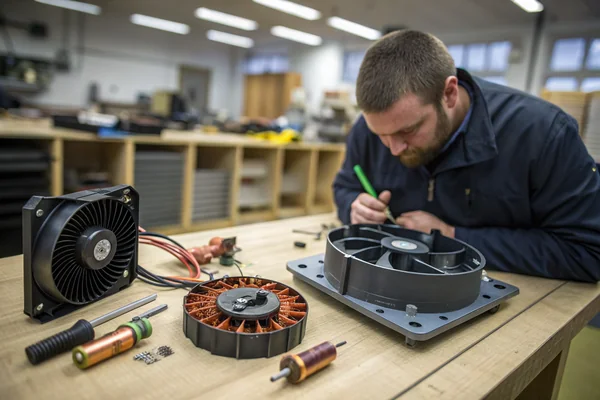 Technician holding a disassembled DC axial fan with the rotor removed, showing the bearing housing and stator assembly on a workshop bench
