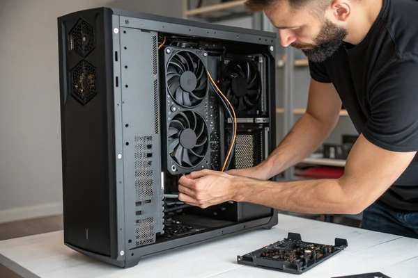 Technician placing multiple black PC case fans into intake and exhaust positions inside an open mid-tower computer case
