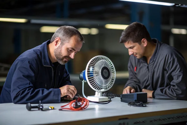 Two technicians at a workbench comparing an AC-powered fan and a DC-powered fan side by side, cables and connectors visible